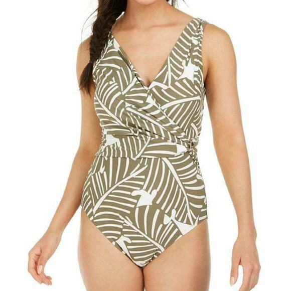 DKNY Olive Green Draped Wrap Tummy-Control One-Piece Swimsuit Size 4 NWT Swim - Picture 9 of 9